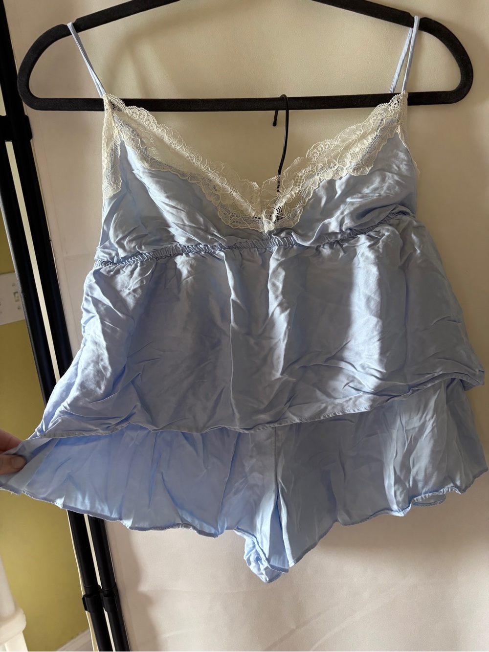 Aerie Pale Blue Satin Lace Trim Pajama Set